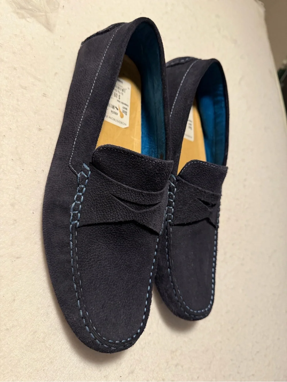 Donald J. Pliner Navy Suede Penny Loafers with Light Blue Stitching